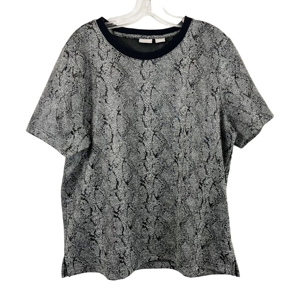 Chico's Black &‎ Gray Reptile Print Short Sleeve Top Crewneck Shiny - Size 3, XL